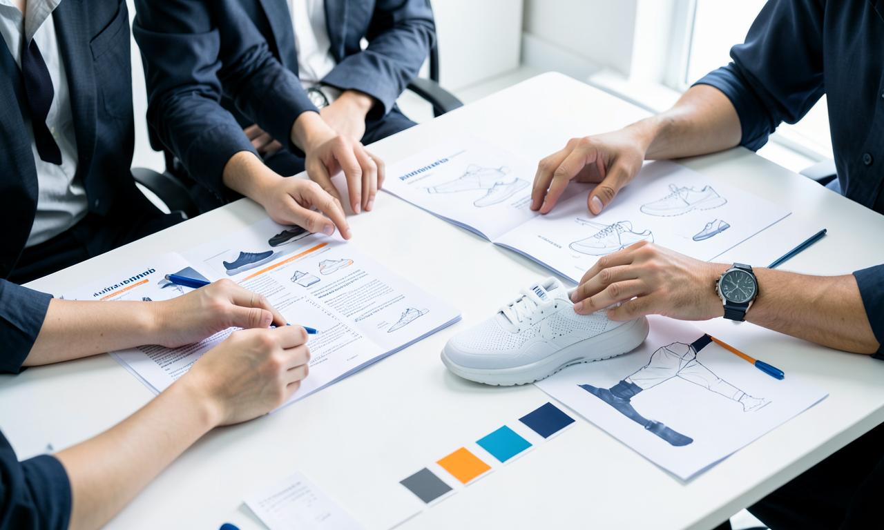 Footwear team reviewing a project brief and reference shoe