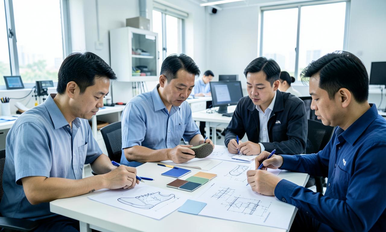Footwear engineers reviewing construction drawings, materials and an outsole