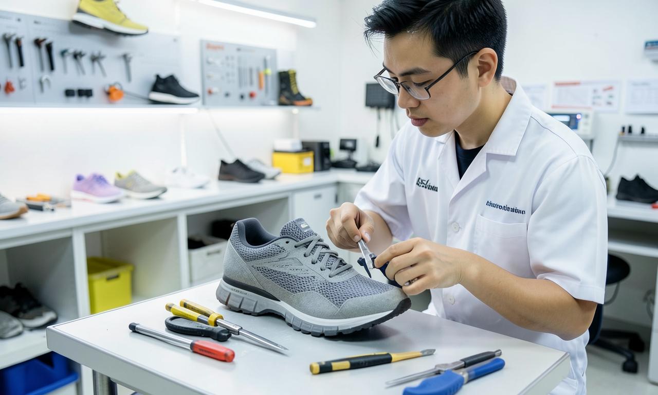 Sample-room technician assembling a footwear prototype