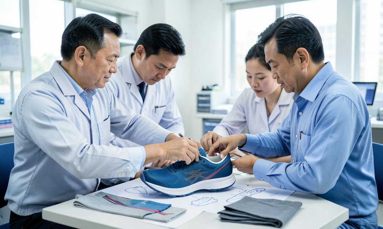 Product development team reviewing fit and revisions on a footwear sample